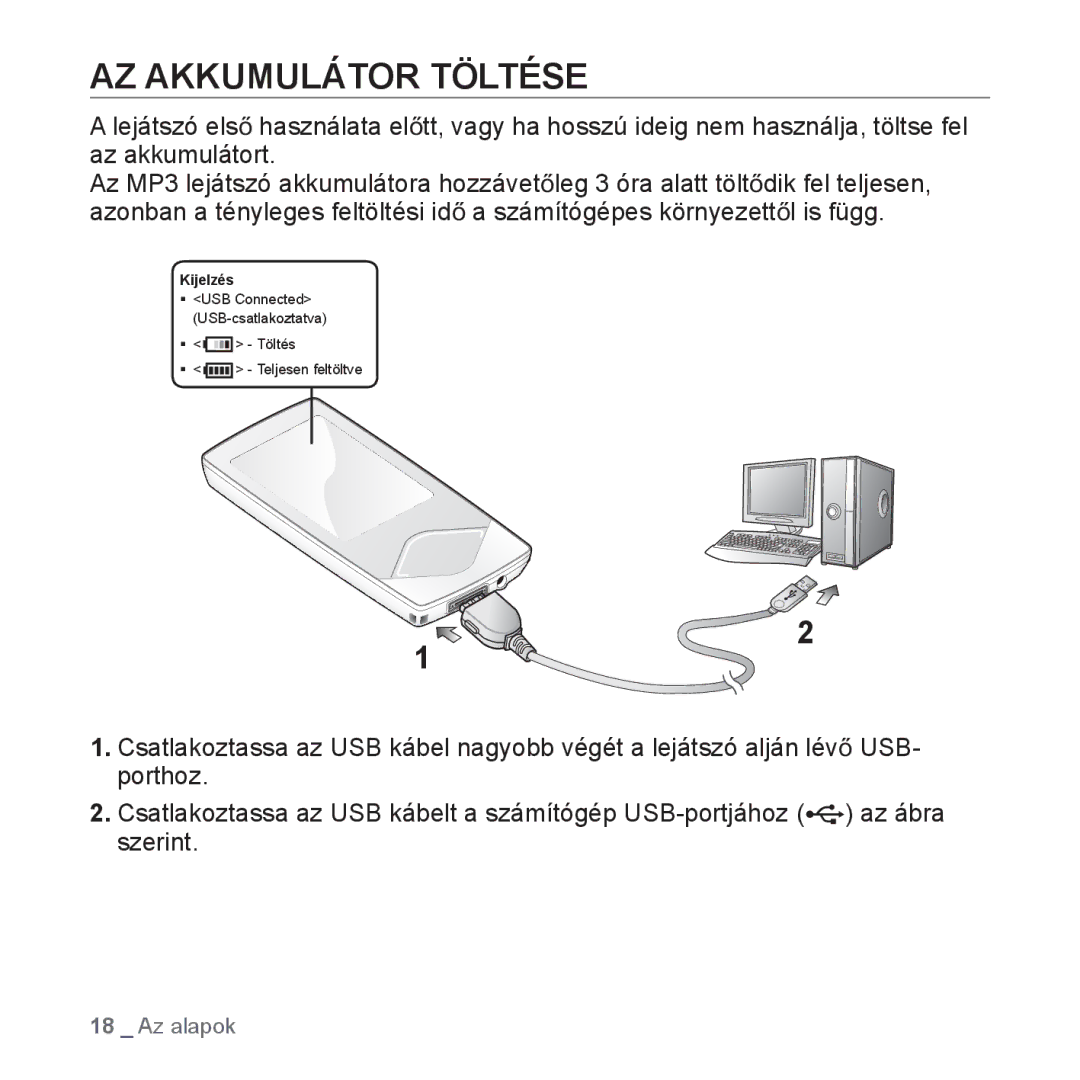 Samsung YP-Q1JAW/EDC, YP-Q1JCS/EDC, YP-Q1JEB/EDC, YP-Q1JCB/EDC, YP-Q1JAS/EDC, YP-Q1JAB/EDC, YP-Q1JCB/XEE AZ Akkumulátor Töltése 