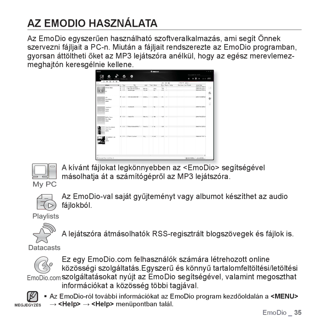 Samsung YP-Q1JCS/EDC, YP-Q1JEB/EDC, YP-Q1JCB/EDC, YP-Q1JAS/EDC, YP-Q1JAW/EDC, YP-Q1JAB/EDC, YP-Q1JCB/XEE AZ Emodio Használata 