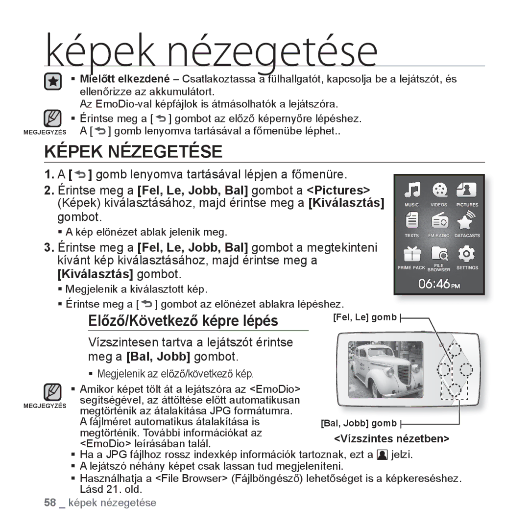 Samsung YP-Q1JCB/EDC, YP-Q1JCS/EDC Képek nézegetése, Képek Nézegetése, ElĘzĘ/KövetkezĘ képre lépés, Kiválasztás gombot 