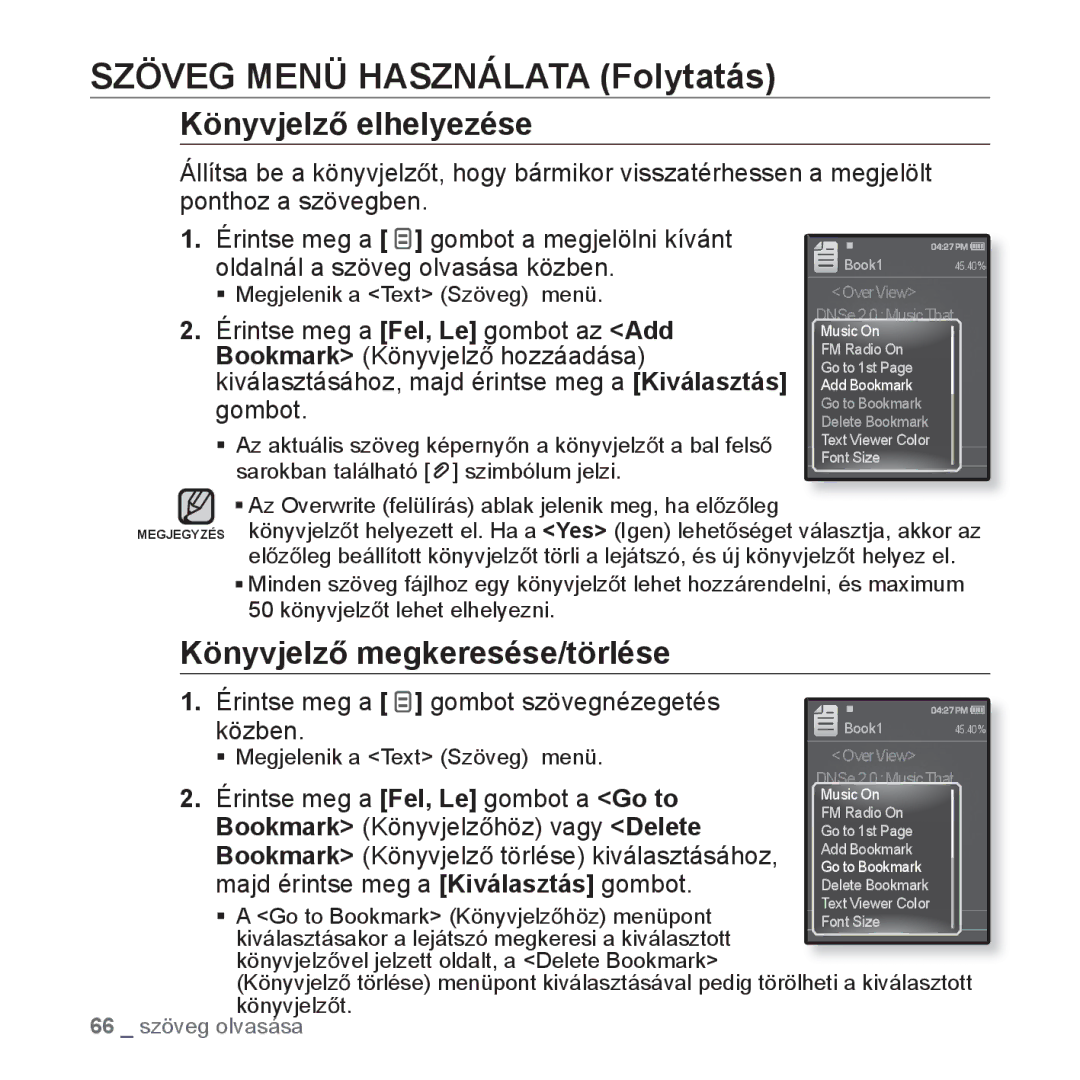 Samsung YP-Q1JAS/EDC, YP-Q1JCS/EDC, YP-Q1JEB/EDC manual Szöveg Menü Használata Folytatás, KönyvjelzĘ megkeresése/törlése 