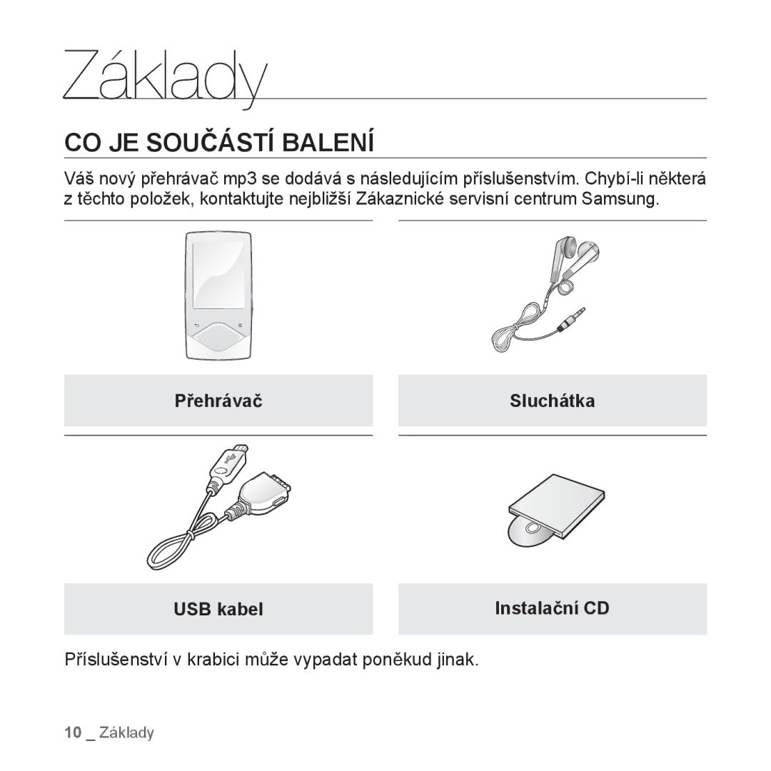 Samsung YP-Q1JCB/EDC, YP-Q1JEB/EDC, YP-Q1JAB/EDC manual Základy, CO JE SOUýÁSTÍ Balení, PĜehrávaþ Sluchátka USB kabel 