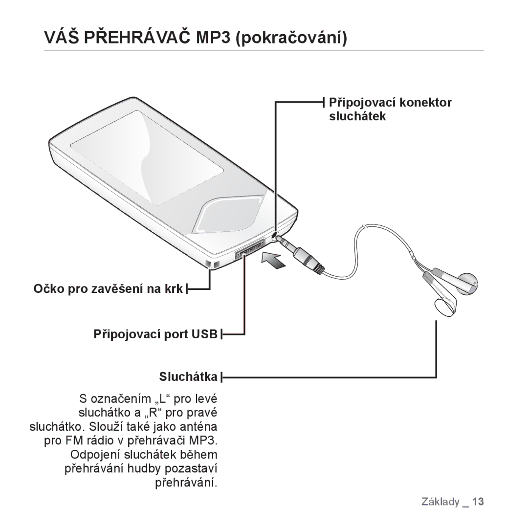 Samsung YP-Q1JCB/EDC, YP-Q1JEB/EDC, YP-Q1JAB/EDC manual VÁŠ PěEHRÁVAý MP3 pokraþování 