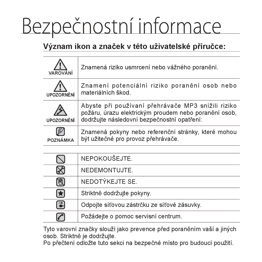 Samsung YP-Q1JEB/EDC, YP-Q1JCB/EDC, YP-Q1JAB/EDC Bezpečnostní informace, Význam ikon a znaþek v této uživatelské pĜíruþce 