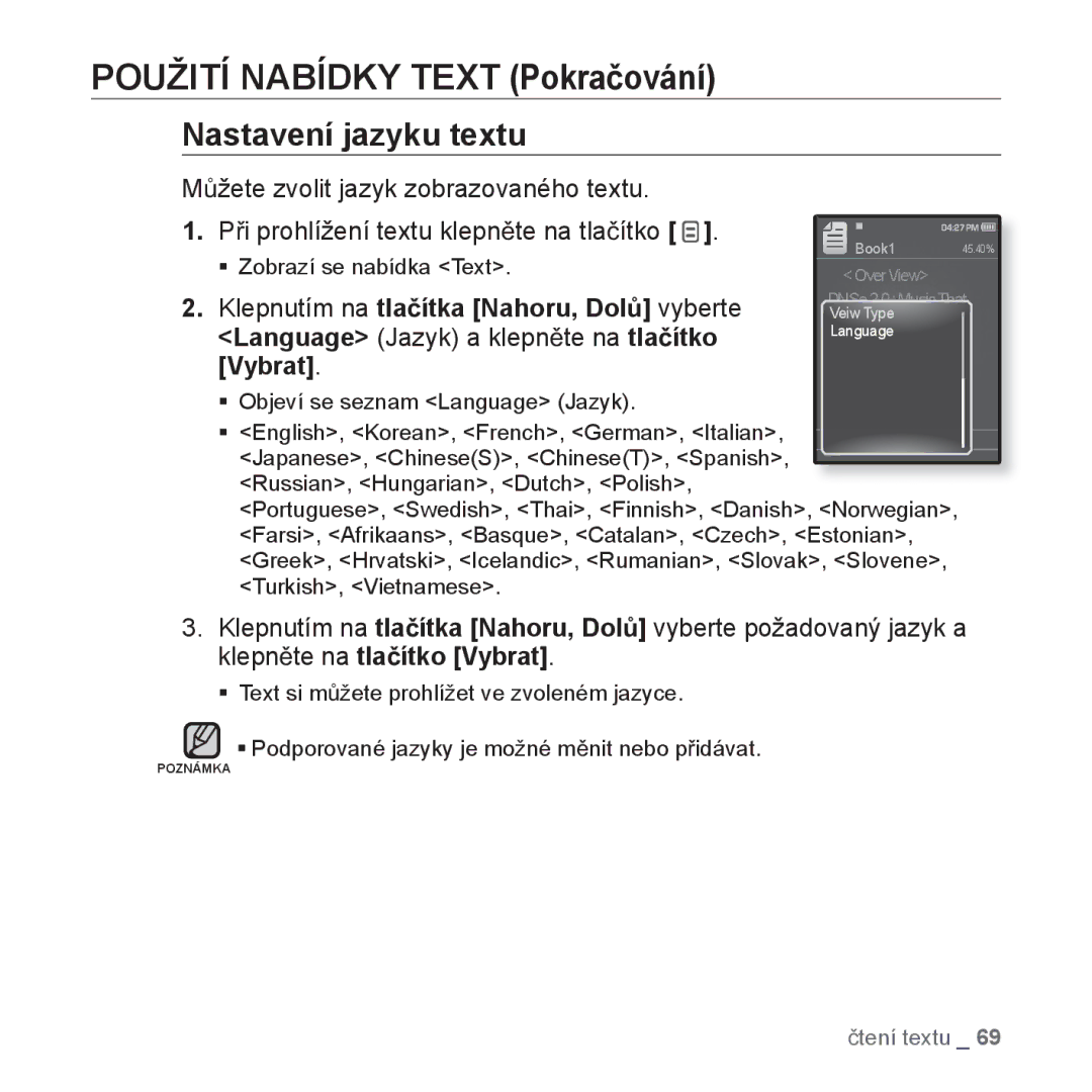 Samsung YP-Q1JEB/EDC, YP-Q1JCB/EDC, YP-Q1JAB/EDC manual Nastavení jazyku textu 