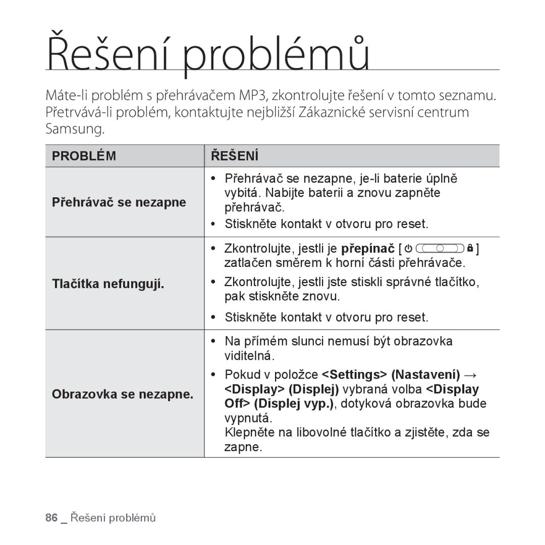 Samsung YP-Q1JAB/EDC, YP-Q1JEB/EDC, YP-Q1JCB/EDC manual Řešení problémů 