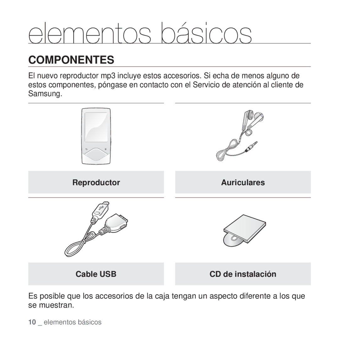 Samsung YP-Q1JCB/XEE, YP-Q1JEB/EDC, YP-Q1JCB/EDC, YP-Q1JAS/EDC, YP-Q1JCW/EDC Componentes, ReproductorAuriculares Cable USB 