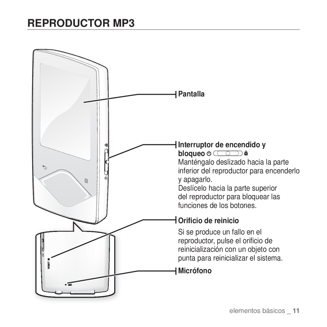 Samsung YP-Q1JAB/XEE, YP-Q1JEB/EDC, YP-Q1JCB/EDC, YP-Q1JAS/EDC Reproductor MP3, Pantalla, Oriﬁcio de reinicio, Micrófono 