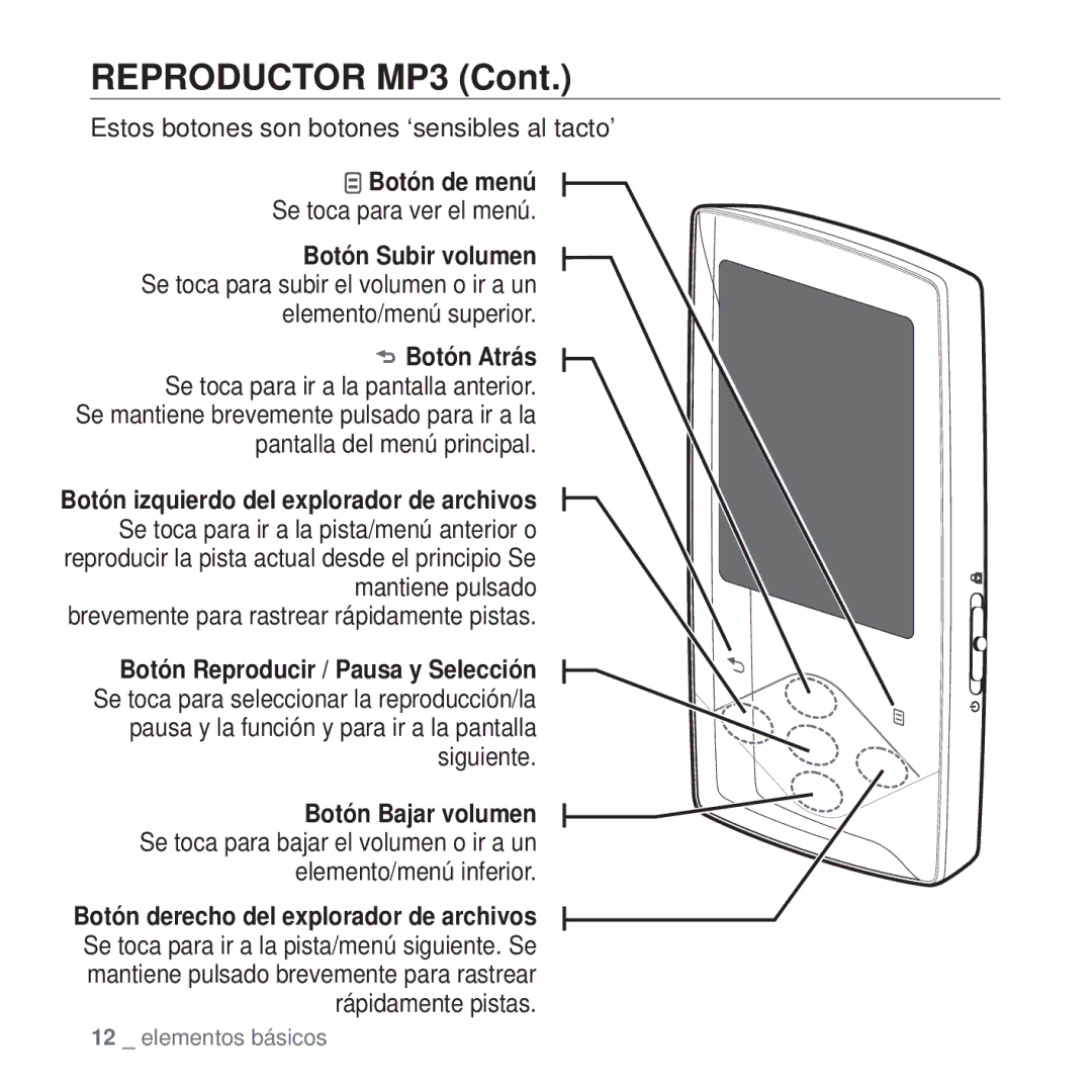 Samsung YP-Q1JEB/EDC, YP-Q1JCB/EDC manual Reproductor MP3, Estos botones son botones ‘sensibles al tacto’, Botón de menú 