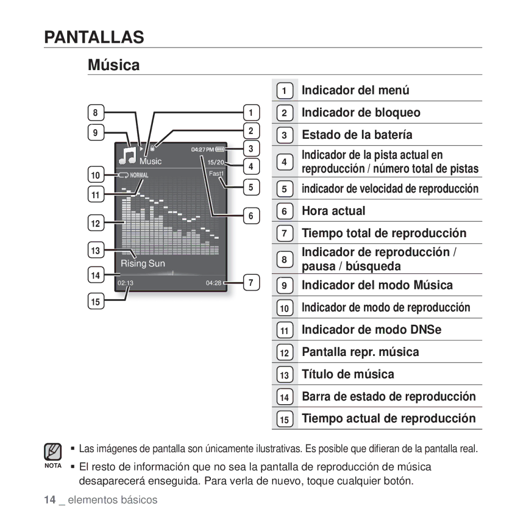 Samsung YP-Q1JAS/EDC, YP-Q1JEB/EDC manual Pantallas, Hora actual Tiempo total de reproducción, Indicador del modo Música 