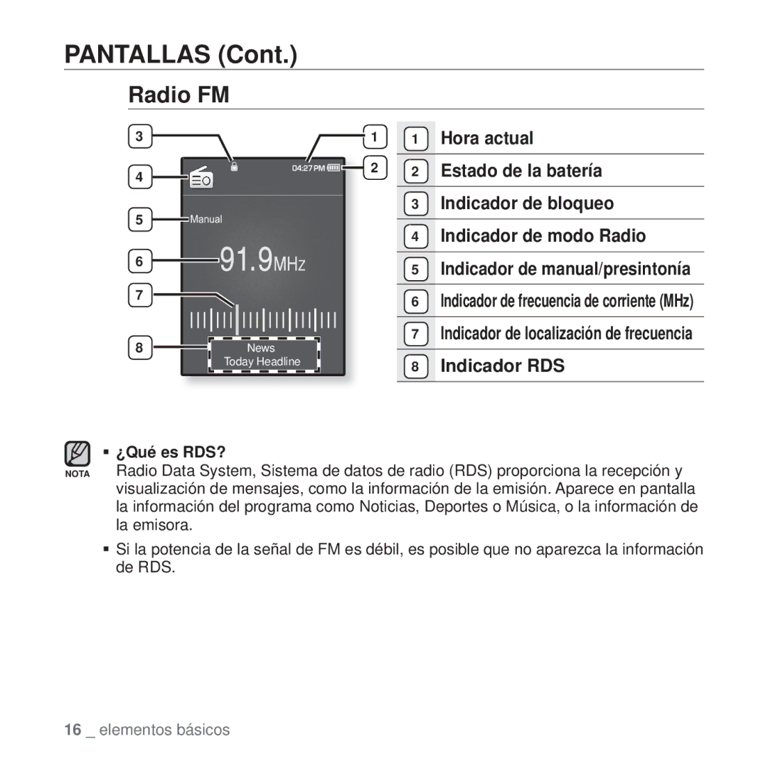 Samsung YP-Q1JAW/EDC, YP-Q1JEB/EDC, YP-Q1JCB/EDC, YP-Q1JAS/EDC, YP-Q1JCW/EDC, YP-Q1JAB/EDC manual Radio FM, Indicador RDS 