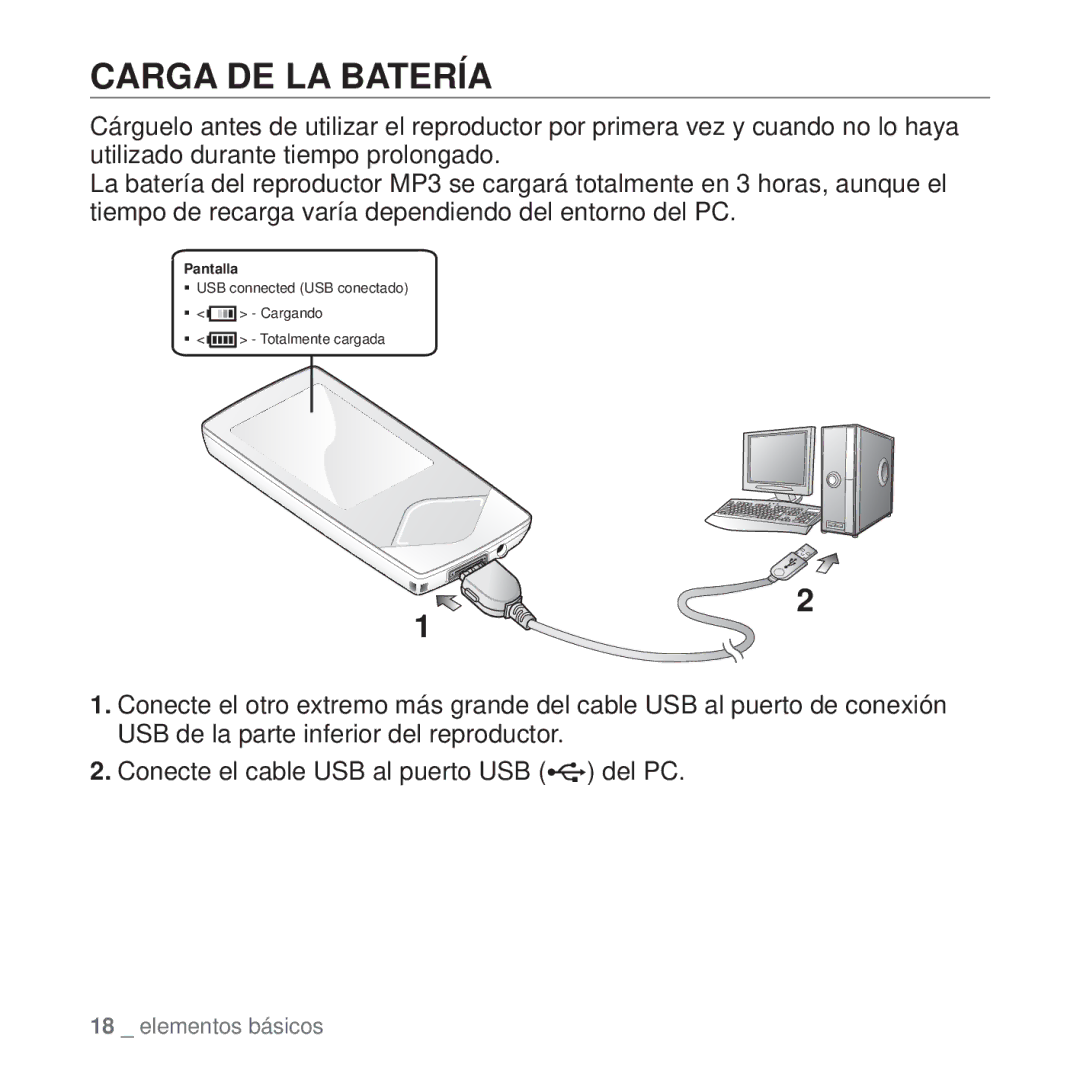 Samsung YP-Q1JEW/XEE, YP-Q1JEB/EDC, YP-Q1JCB/EDC, YP-Q1JAS/EDC, YP-Q1JCW/EDC, YP-Q1JAW/EDC, YP-Q1JAB/EDC Carga DE LA Batería 