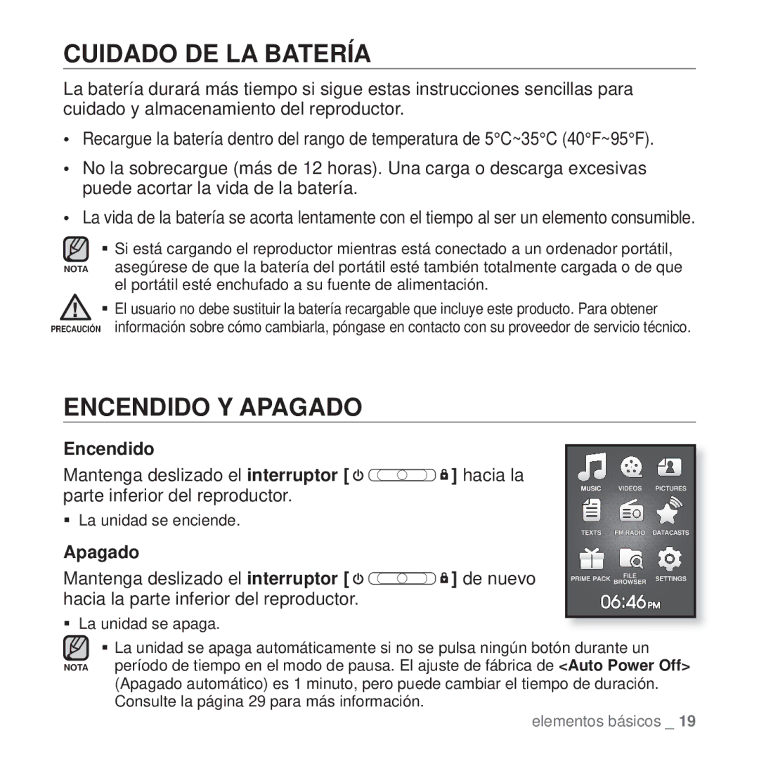 Samsung YP-Q1JEB/XEE, YP-Q1JEB/EDC, YP-Q1JCB/EDC, YP-Q1JAS/EDC, YP-Q1JCW/EDC manual Cuidado DE LA Batería, Encendido Y Apagado 