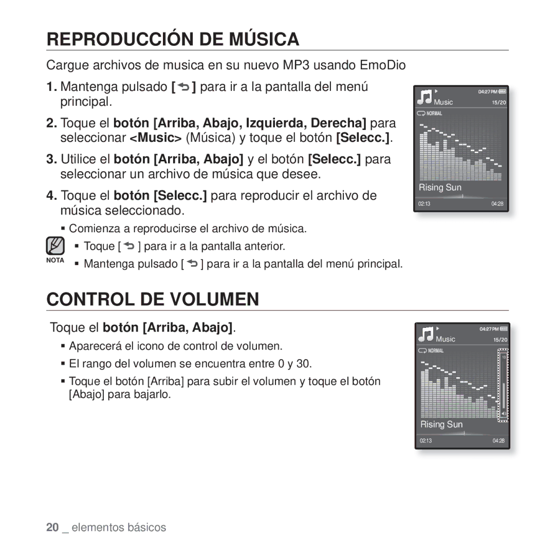 Samsung YP-Q1JCW/XEE, YP-Q1JEB/EDC, YP-Q1JCB/EDC Reproducción DE Música, Control DE Volumen, Toque el botón Arriba, Abajo 