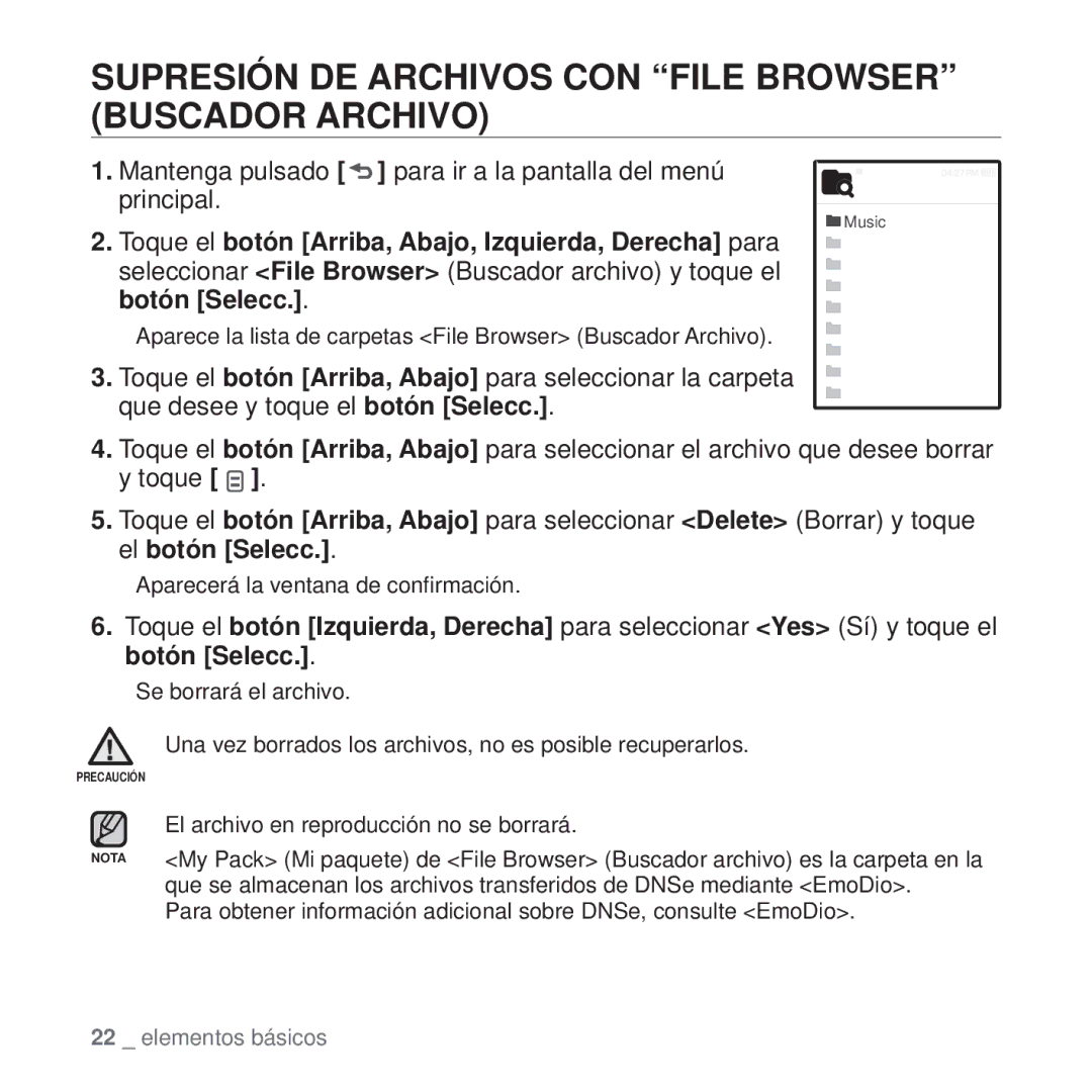 Samsung YP-Q1JCB/XEE, YP-Q1JEB/EDC, YP-Q1JCB/EDC manual Supresión DE Archivos CON File Browser Buscador Archivo, Botón Selecc 