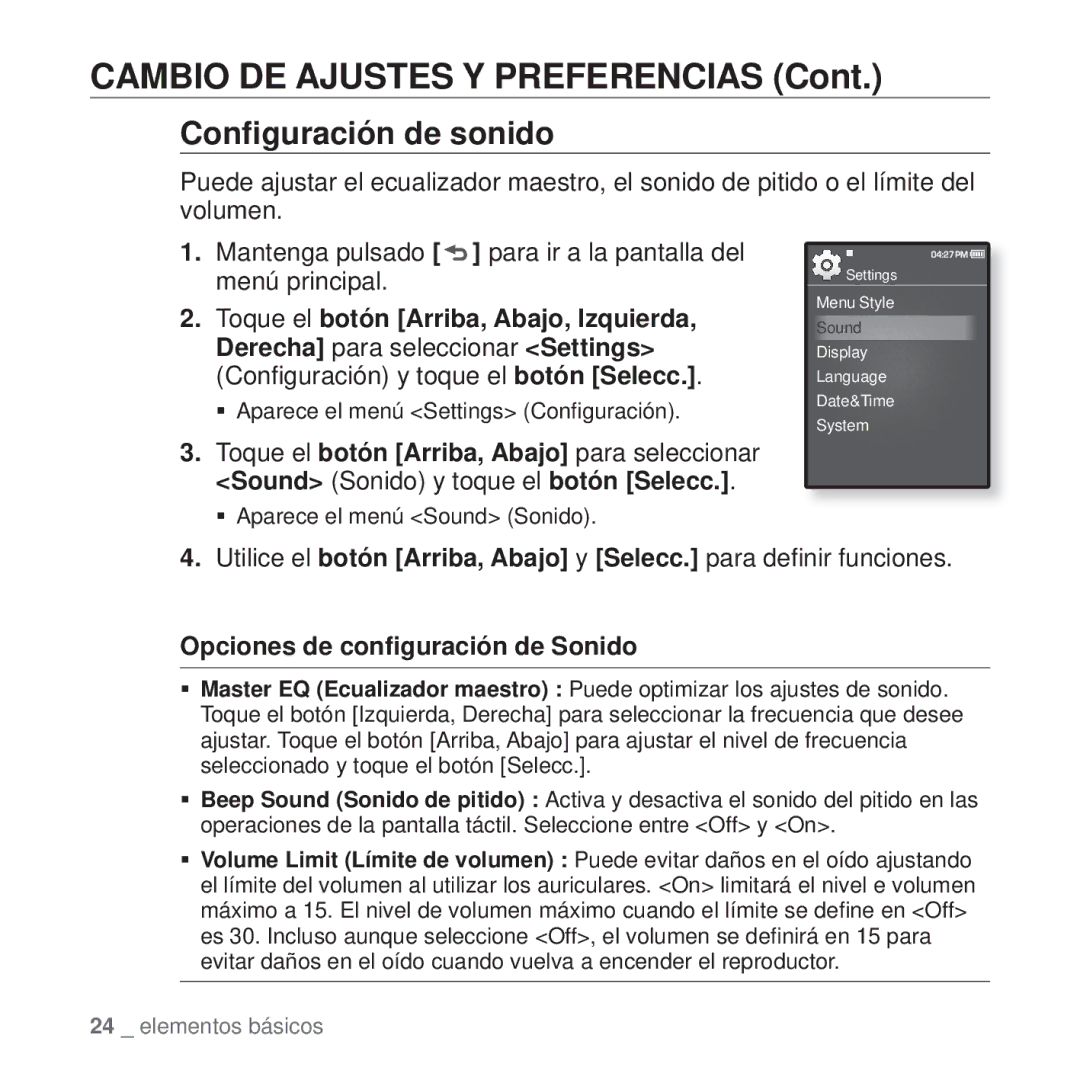 Samsung YP-Q1JEB/EDC manual Cambio DE Ajustes Y Preferencias, Conﬁguración de sonido, Opciones de conﬁguración de Sonido 