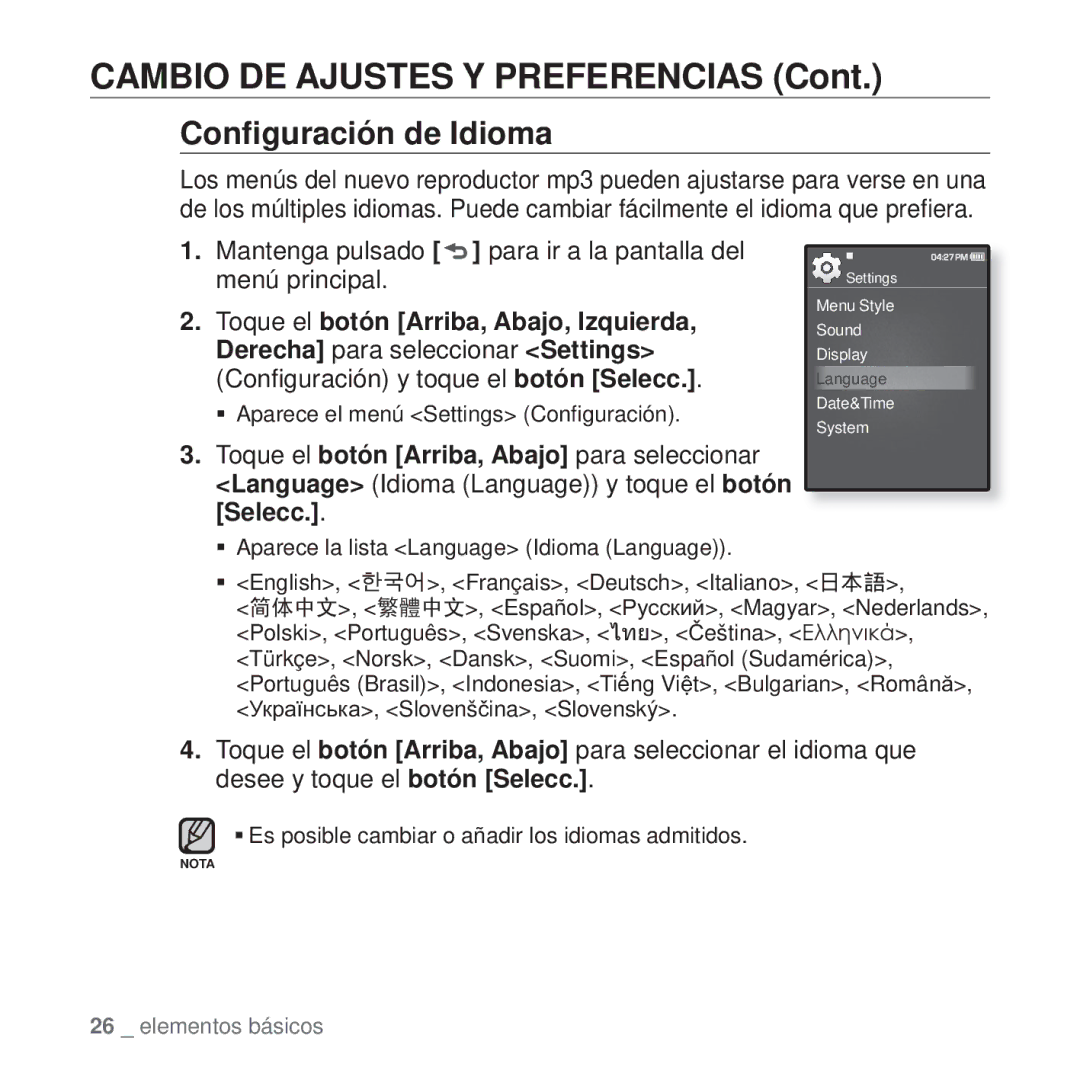 Samsung YP-Q1JAS/EDC, YP-Q1JEB/EDC, YP-Q1JCB/EDC, YP-Q1JCW/EDC, YP-Q1JAW/EDC, YP-Q1JAB/EDC, YP-Q1JEW/XEE Conﬁguración de Idioma 