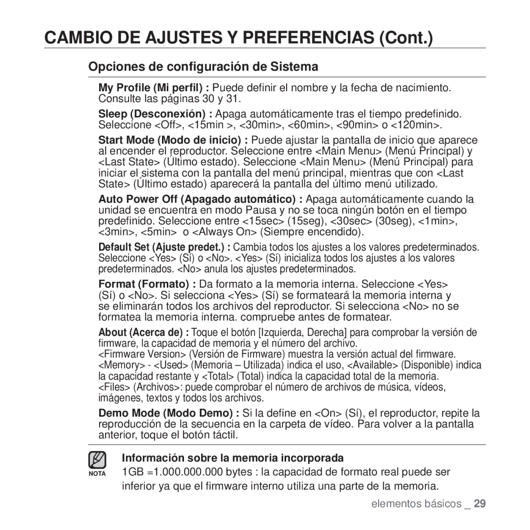 Samsung YP-Q1JAB/EDC, YP-Q1JEB/EDC manual Opciones de conﬁguración de Sistema, ƒ Información sobre la memoria incorporada 