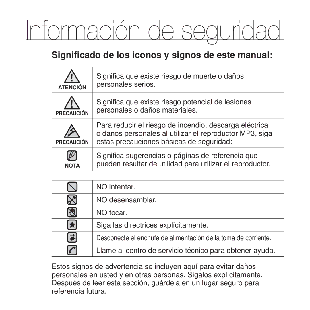 Samsung YP-Q1JCW/EDC, YP-Q1JEB/EDC, YP-Q1JCB/EDC, YP-Q1JAS/EDC, YP-Q1JAW/EDC Signiﬁcado de los iconos y signos de este manual 