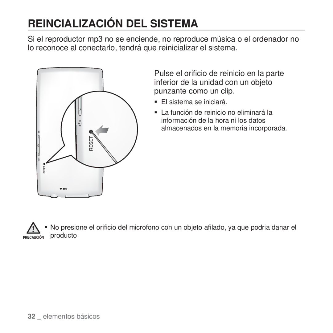 Samsung YP-Q1JCW/XEE, YP-Q1JEB/EDC, YP-Q1JCB/EDC, YP-Q1JAS/EDC, YP-Q1JCW/EDC, YP-Q1JAW/EDC manual Reincialización DEL Sistema 