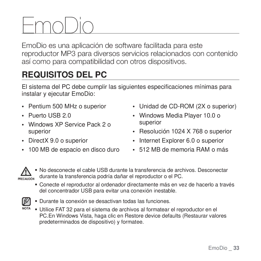 Samsung YP-Q1JAW/XEE, YP-Q1JEB/EDC, YP-Q1JCB/EDC, YP-Q1JAS/EDC, YP-Q1JCW/EDC, YP-Q1JAW/EDC manual EmoDio, Requisitos DEL PC 