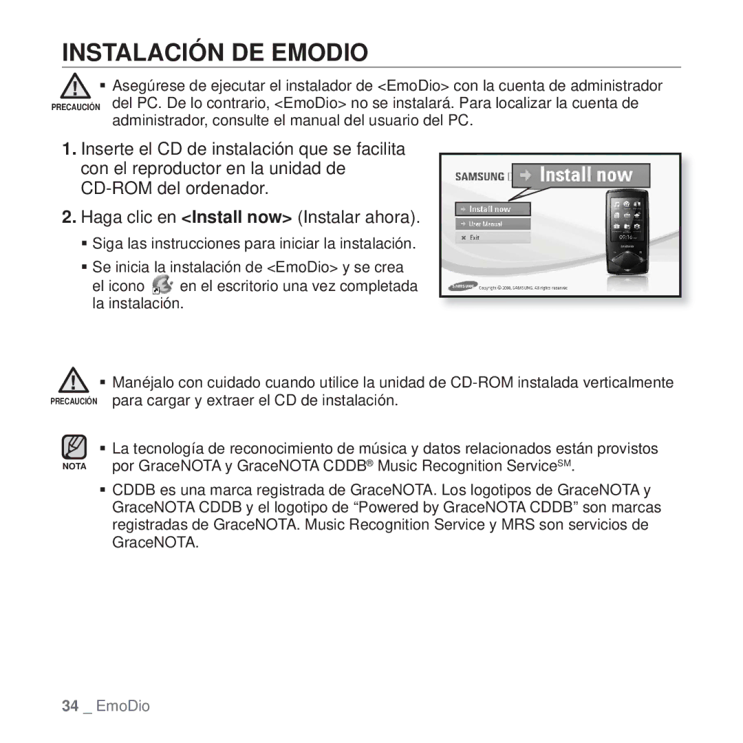 Samsung YP-Q1JCB/XEE, YP-Q1JEB/EDC, YP-Q1JCB/EDC, YP-Q1JAS/EDC, YP-Q1JCW/EDC, YP-Q1JAW/EDC, YP-Q1JAB/EDC Instalación DE Emodio 