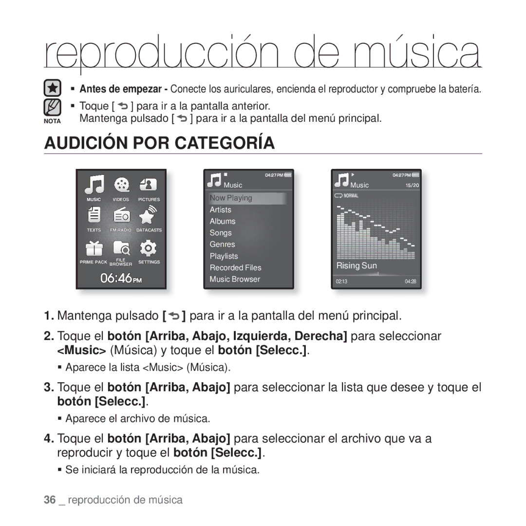 Samsung YP-Q1JEB/EDC, YP-Q1JCB/EDC, YP-Q1JAS/EDC, YP-Q1JCW/EDC, YP-Q1JAW/EDC Reproducción de música, Audición POR Categoría 