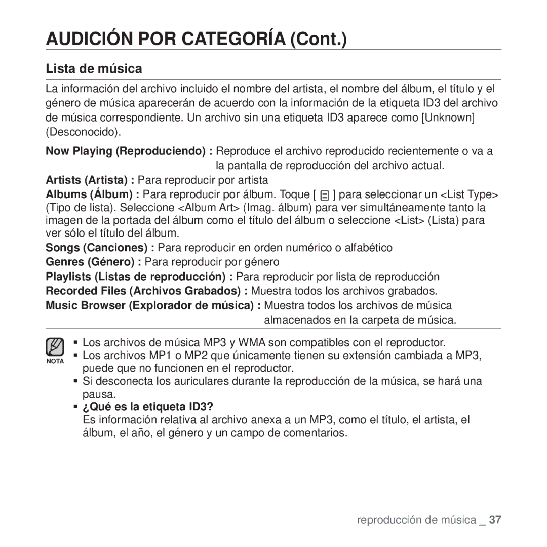 Samsung YP-Q1JCB/EDC, YP-Q1JEB/EDC, YP-Q1JAS/EDC, YP-Q1JCW/EDC, YP-Q1JAW/EDC manual Audición POR Categoría, Lista de música 