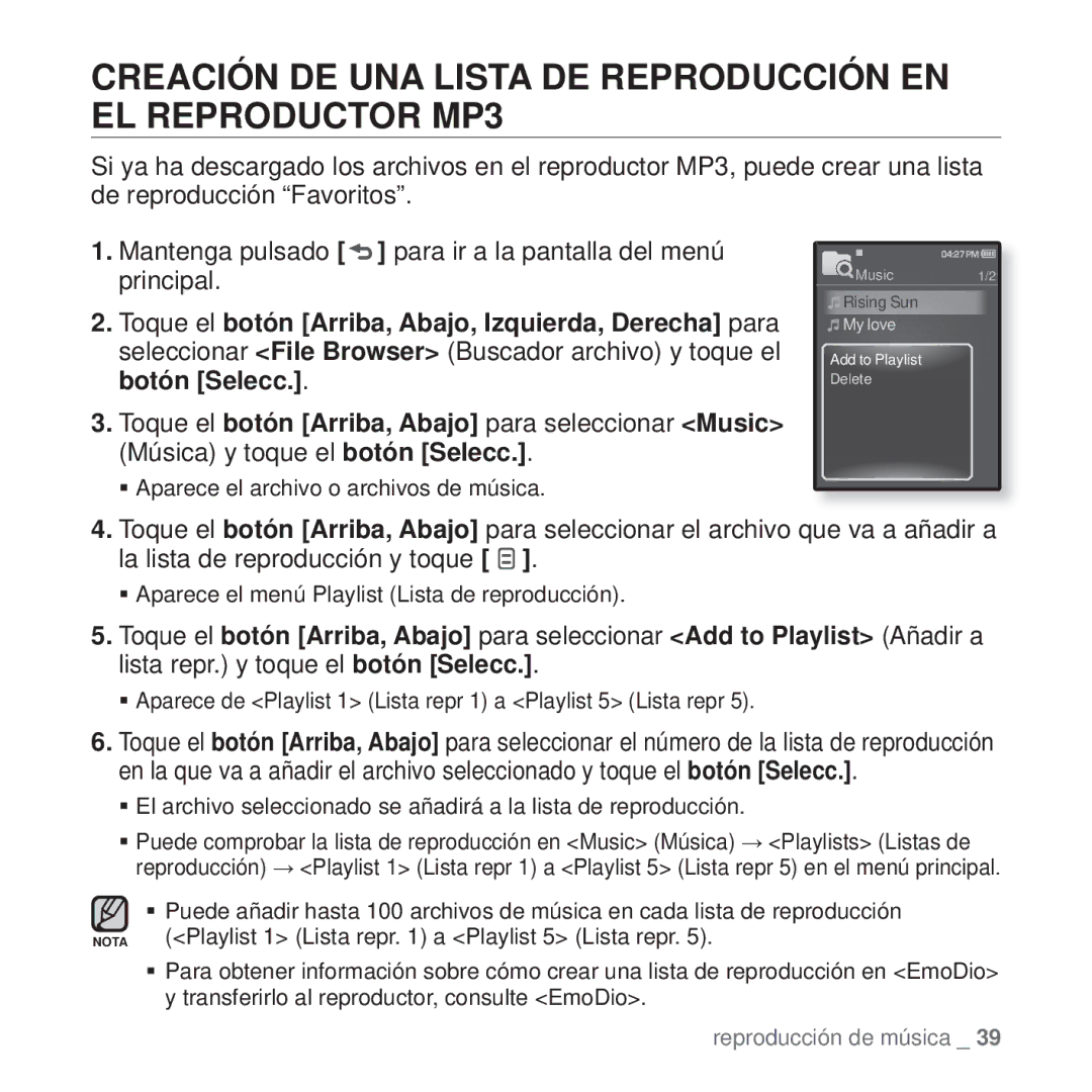 Samsung YP-Q1JCW/EDC, YP-Q1JEB/EDC, YP-Q1JCB/EDC, YP-Q1JAS/EDC Creación DE UNA Lista DE Reproducción EN EL Reproductor MP3 