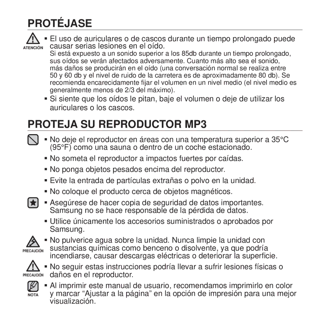 Samsung YP-Q1JAB/EDC, YP-Q1JEB/EDC, YP-Q1JCB/EDC, YP-Q1JAS/EDC, YP-Q1JCW/EDC, YP-Q1JAW/EDC manual Proteja SU Reproductor MP3 