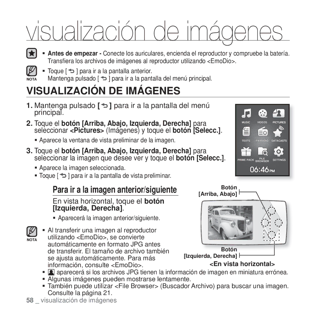 Samsung YP-Q1JCB/XEE, YP-Q1JEB/EDC manual Visualización DE Imágenes, En vista horizontal, toque el botón Izquierda, Derecha 