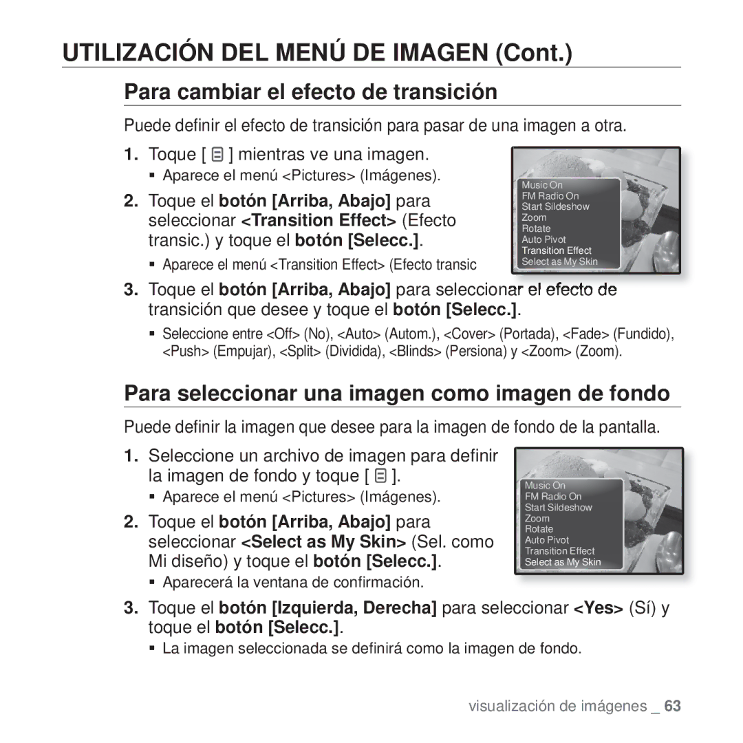 Samsung YP-Q1JCW/EDC, YP-Q1JEB/EDC Para cambiar el efecto de transición, Para seleccionar una imagen como imagen de fondo 