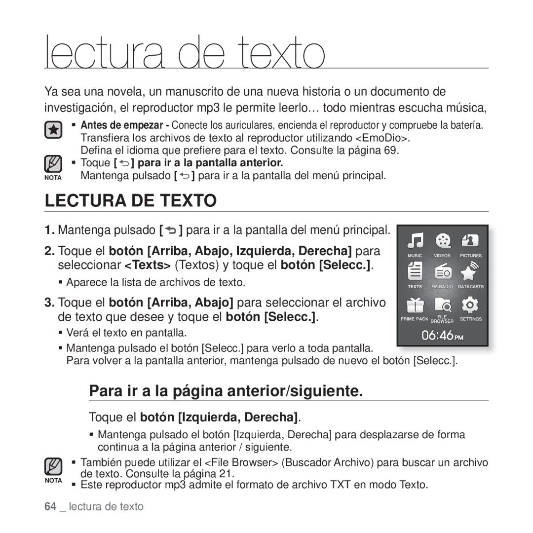 Samsung YP-Q1JAW/EDC manual Lectura DE Texto, Para ir a la página anterior/siguiente, Toque el botón Izquierda, Derecha 