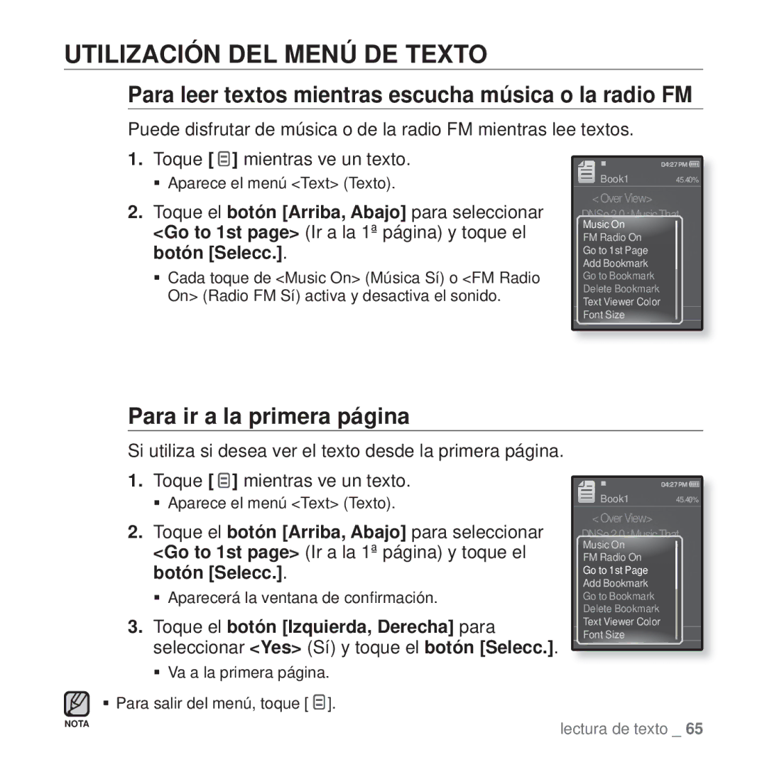 Samsung YP-Q1JAB/EDC, YP-Q1JEB/EDC, YP-Q1JCB/EDC, YP-Q1JAS/EDC Toque mientras ve un texto, Utilización DEL Menú DE Texto 