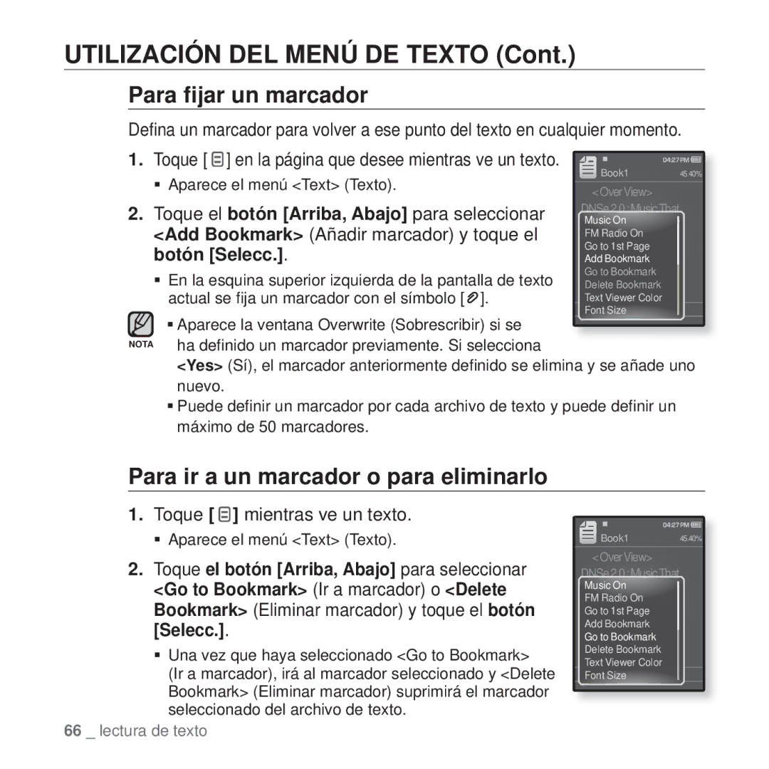 Samsung YP-Q1JEW/XEE, YP-Q1JEB/EDC, YP-Q1JCB/EDC Utilización DEL Menú DE Texto, Para ir a un marcador o para eliminarlo 