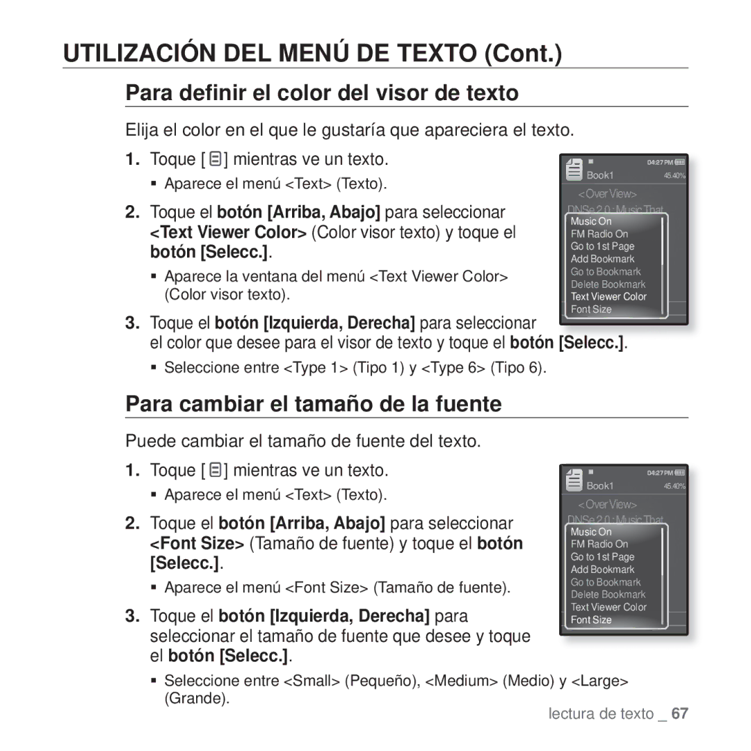 Samsung YP-Q1JEB/XEE, YP-Q1JEB/EDC manual Para deﬁnir el color del visor de texto, Para cambiar el tamaño de la fuente 