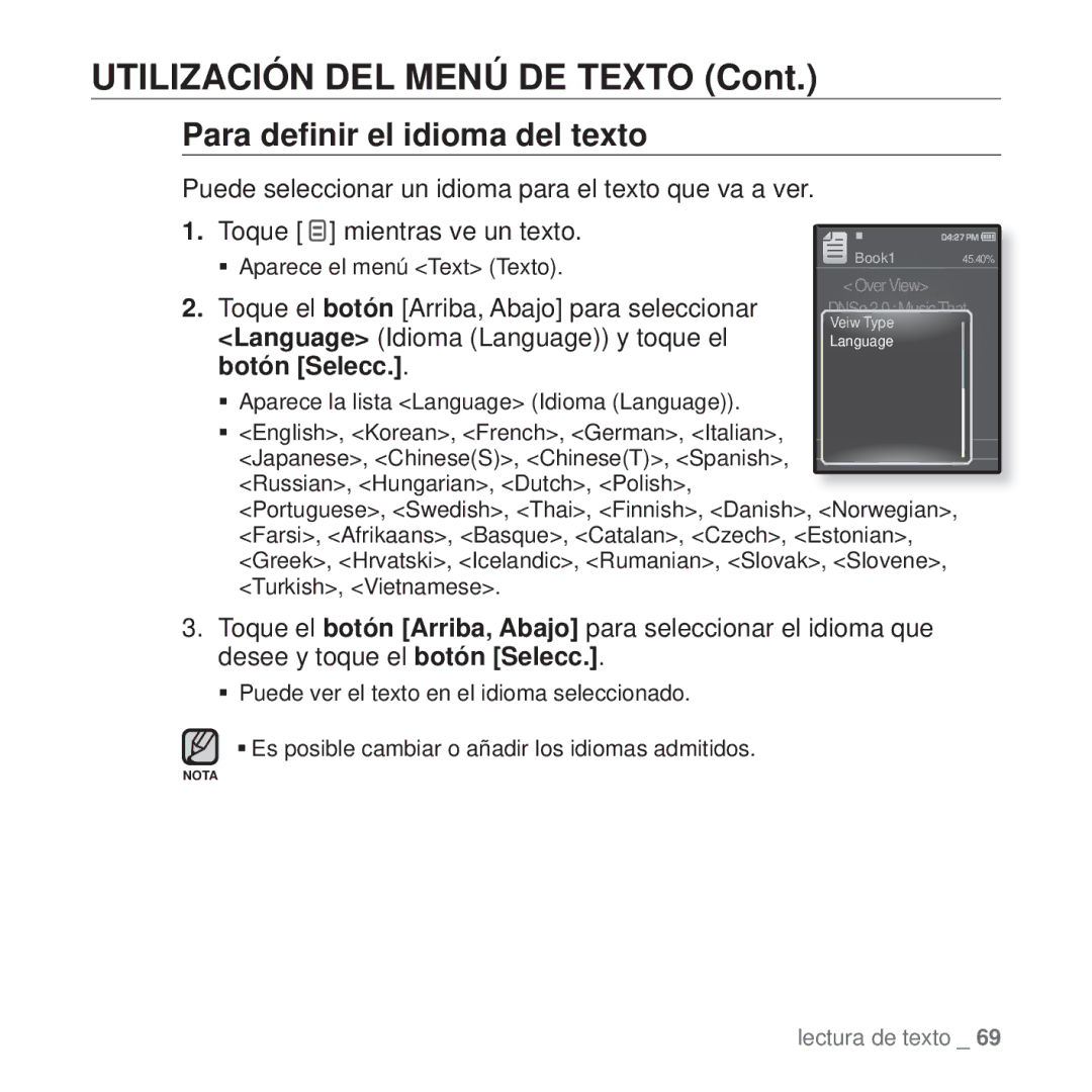 Samsung YP-Q1JAW/XEE, YP-Q1JEB/EDC, YP-Q1JCB/EDC manual Para deﬁnir el idioma del texto, Language Idioma Language y toque el 