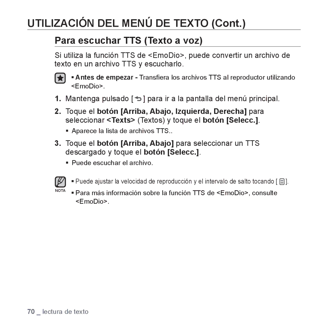 Samsung YP-Q1JCB/XEE manual Para escuchar TTS Texto a voz, Mantenga pulsado para ir a la pantalla del menú principal 