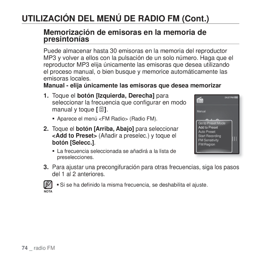 Samsung YP-Q1JAS/EDC manual Utilización DEL Menú DE Radio FM, Memorización de emisoras en la memoria de presintonías 