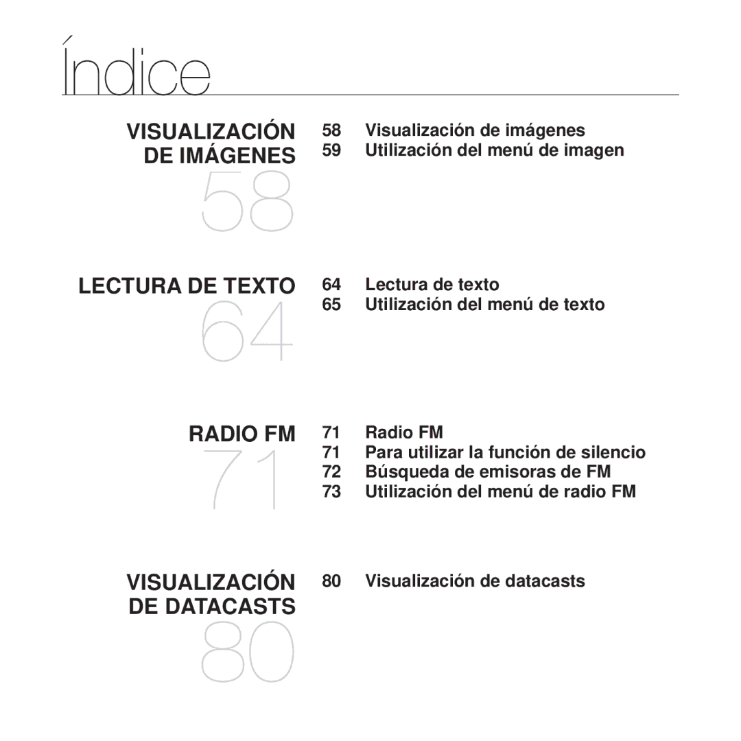 Samsung YP-Q1JCW/XEE, YP-Q1JEB/EDC, YP-Q1JCB/EDC, YP-Q1JAS/EDC manual Lectura DE Texto Radio FM Visualización DE Datacasts 