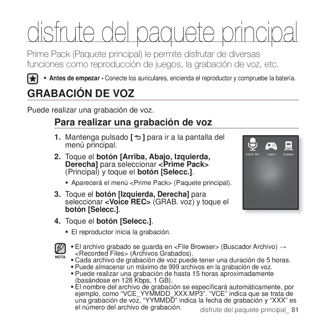 Samsung YP-Q1JAW/XEE manual Grabación DE VOZ, Para realizar una grabación de voz, Puede realizar una grabación de voz 