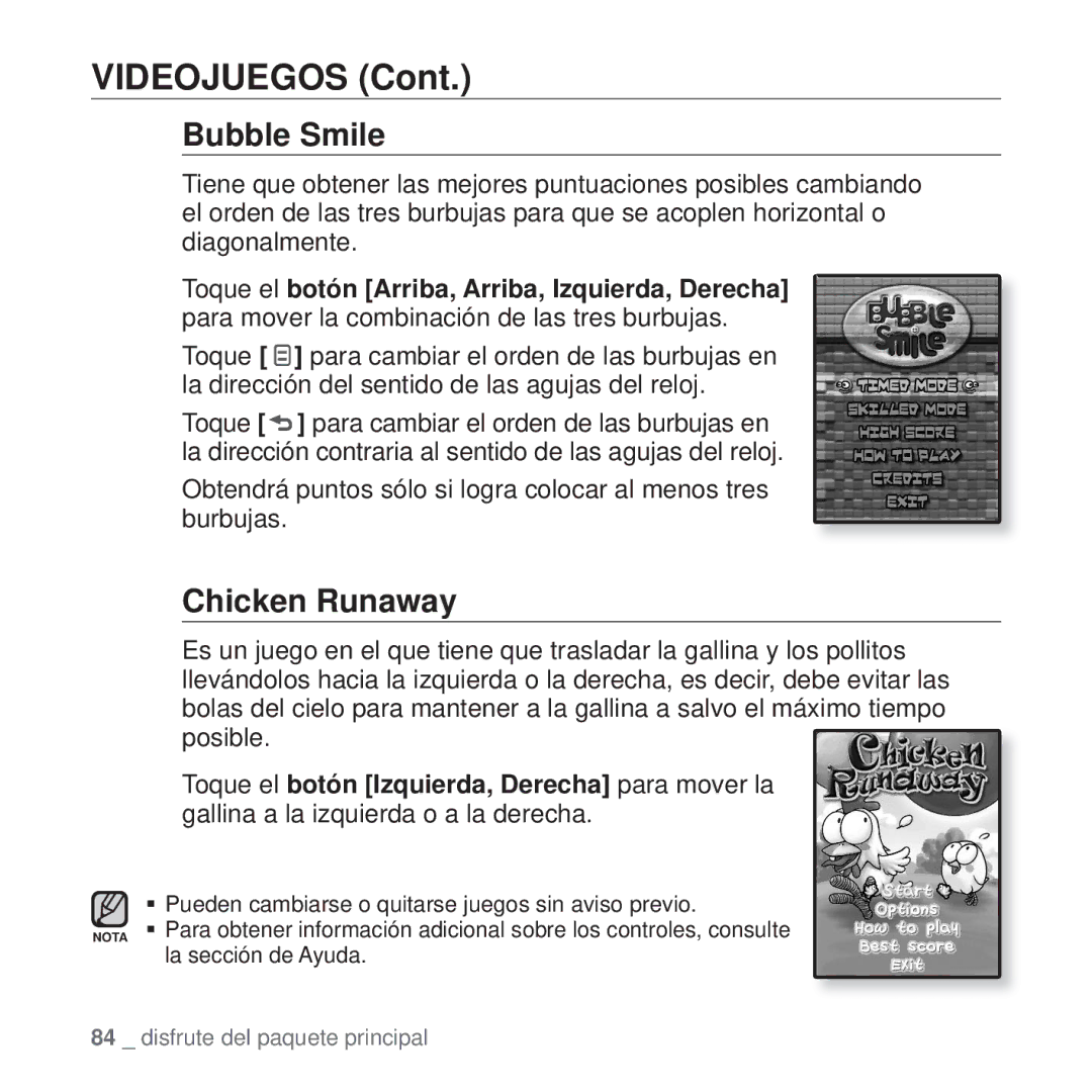 Samsung YP-Q1JEB/EDC, YP-Q1JCB/EDC, YP-Q1JAS/EDC, YP-Q1JCW/EDC, YP-Q1JAW/EDC manual Videojuegos, Bubble Smile, Chicken Runaway 