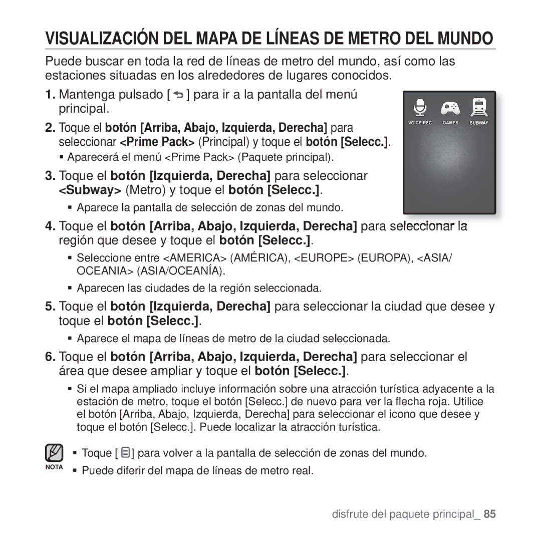 Samsung YP-Q1JCB/EDC, YP-Q1JEB/EDC, YP-Q1JAS/EDC, YP-Q1JCW/EDC manual Visualización DEL Mapa DE Líneas DE Metro DEL Mundo 