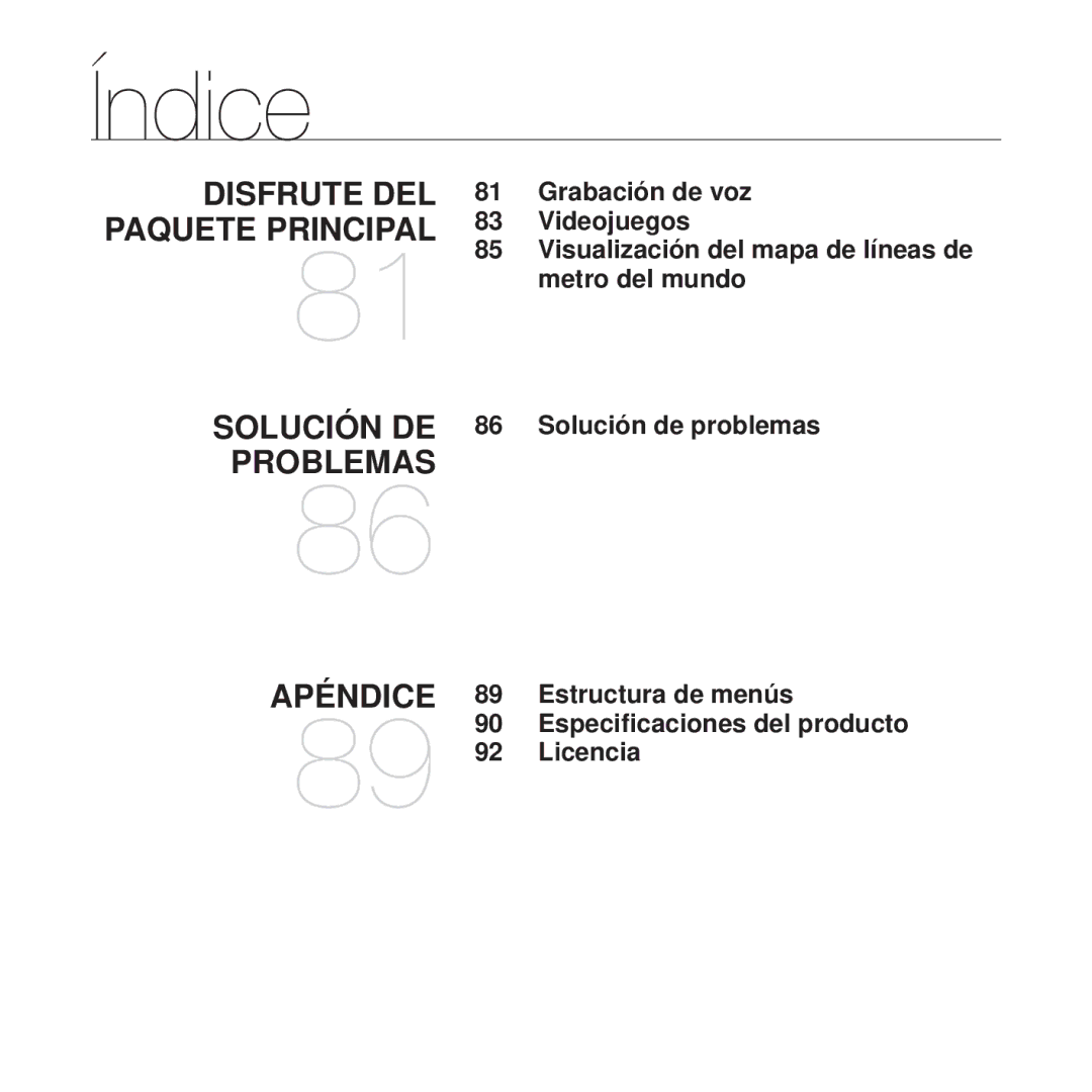 Samsung YP-Q1JAW/XEE, YP-Q1JEB/EDC, YP-Q1JCB/EDC, YP-Q1JAS/EDC manual Disfrute DEL Paquete Principal Solución DE Problemas 