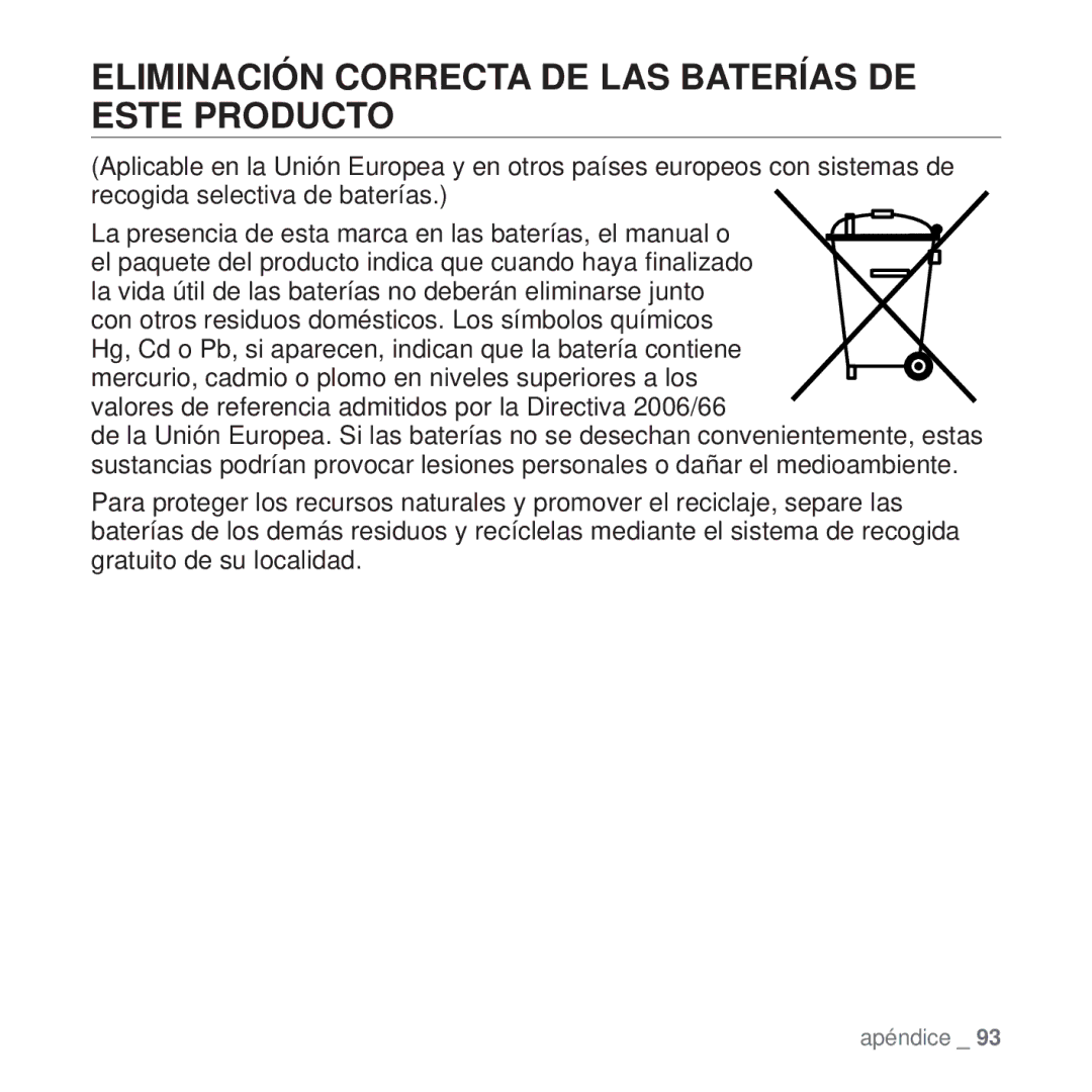 Samsung YP-Q1JAW/XEE, YP-Q1JEB/EDC, YP-Q1JCB/EDC, YP-Q1JAS/EDC manual Eliminación Correcta DE LAS Baterías DE Este Producto 