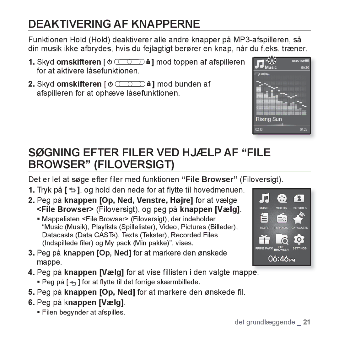 Samsung YP-Q1JEB/XEE, YP-Q1JCB/XEE Deaktivering AF Knapperne, Søgning Efter Filer VED Hjælp AF File Browser Filoversigt 