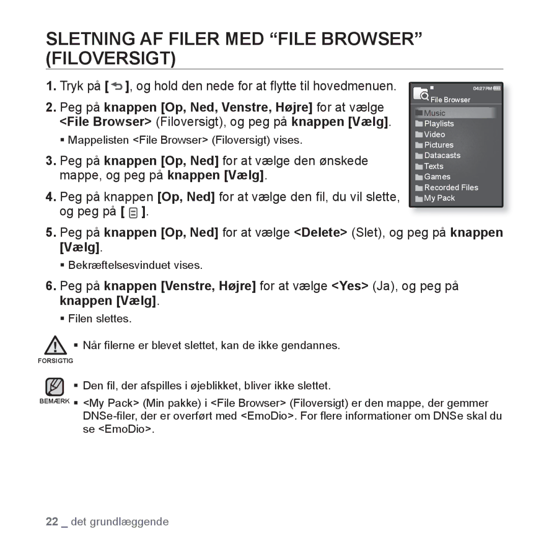 Samsung YP-Q1JCB/XEE, YP-Q1JEB/XEE, YP-Q1JAB/XEE manual Sletning AF Filer MED File Browser Filoversigt 