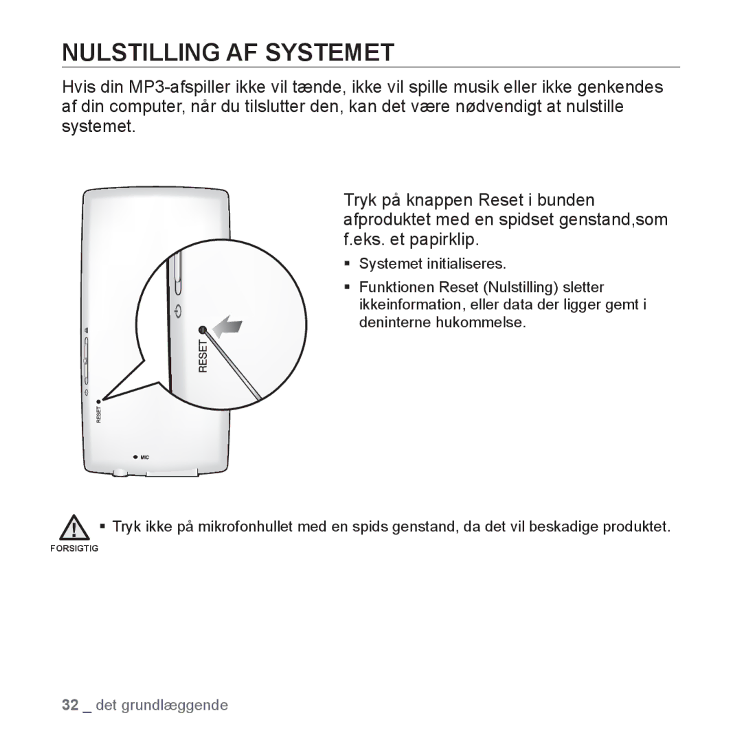 Samsung YP-Q1JAB/XEE, YP-Q1JEB/XEE, YP-Q1JCB/XEE manual Nulstilling AF Systemet 