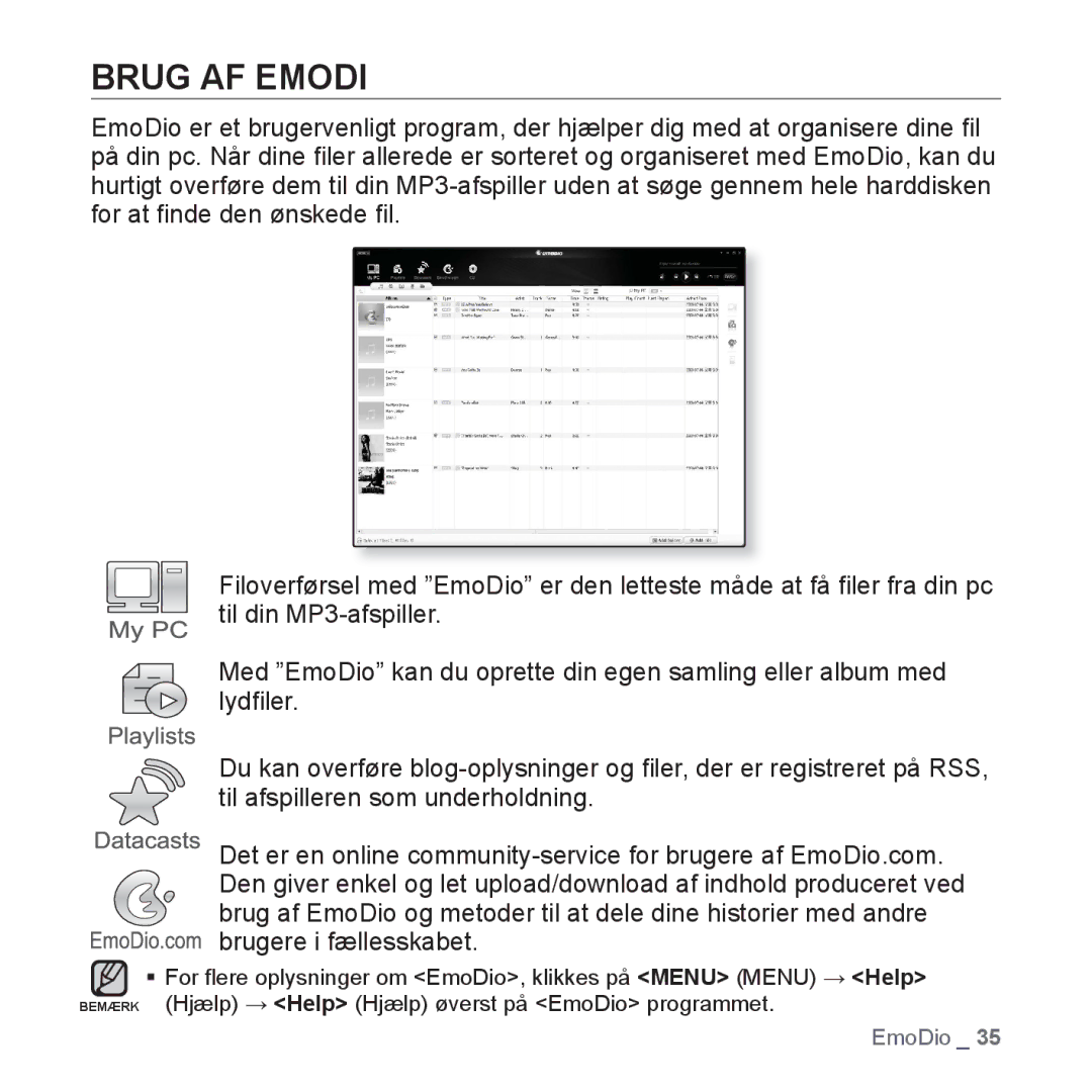 Samsung YP-Q1JAB/XEE, YP-Q1JEB/XEE, YP-Q1JCB/XEE manual Brug AF Emodi 