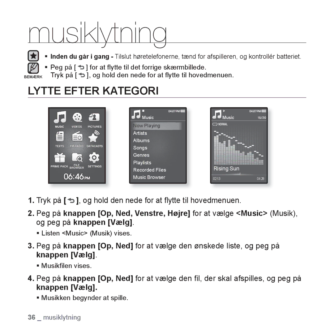 Samsung YP-Q1JEB/XEE, YP-Q1JCB/XEE, YP-Q1JAB/XEE manual Musiklytning, Lytte Efter Kategori 