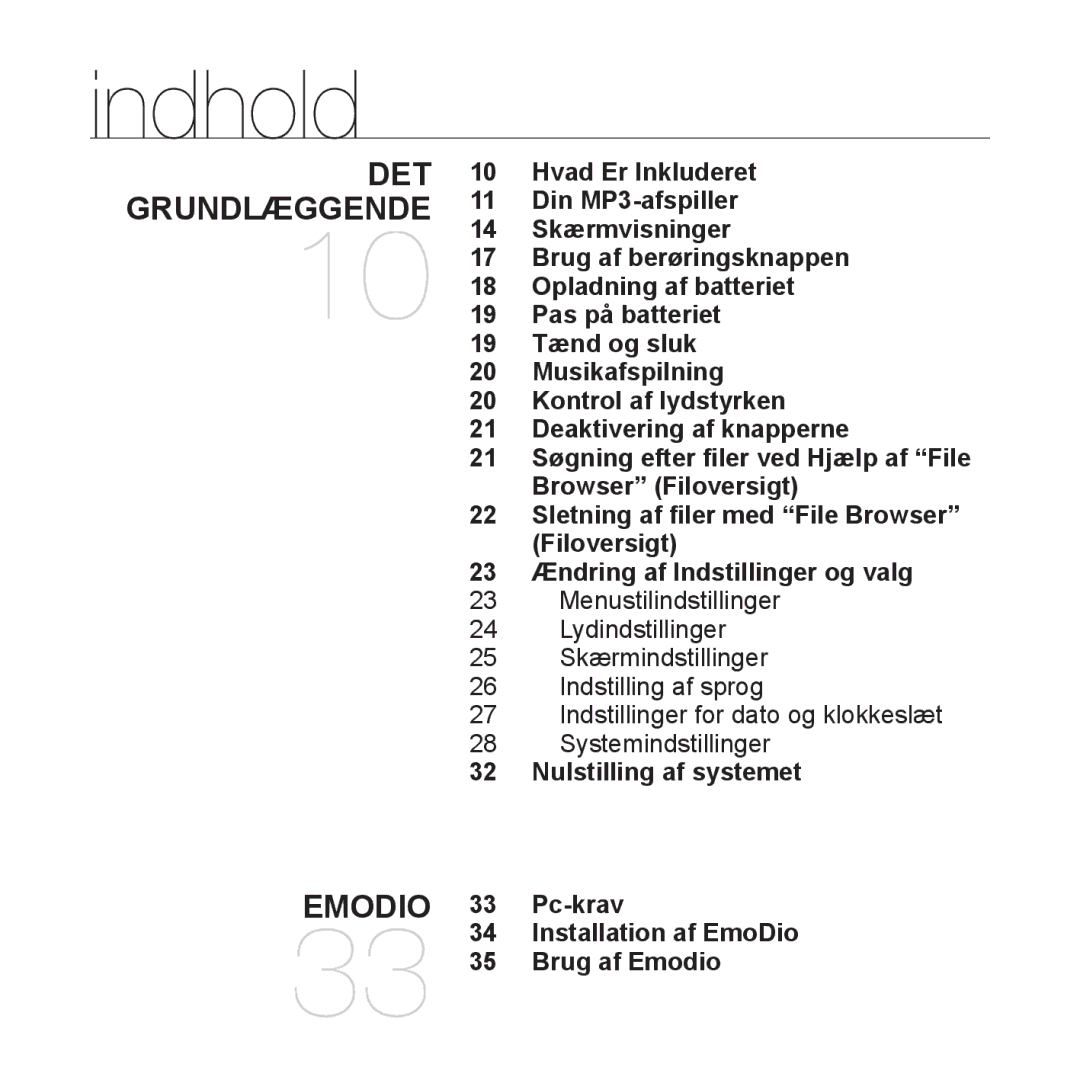 Samsung YP-Q1JEB/XEE, YP-Q1JCB/XEE, YP-Q1JAB/XEE manual Indhold, Nulstilling af systemet, Pc-krav, Brug af Emodio 